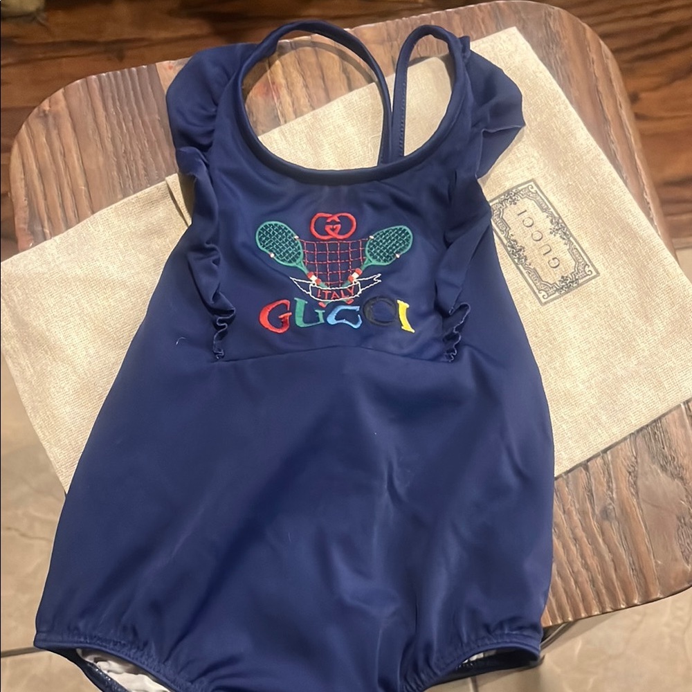Gucci Blue One Piece Swimsuit with Thick Straps and Colorful Graphic